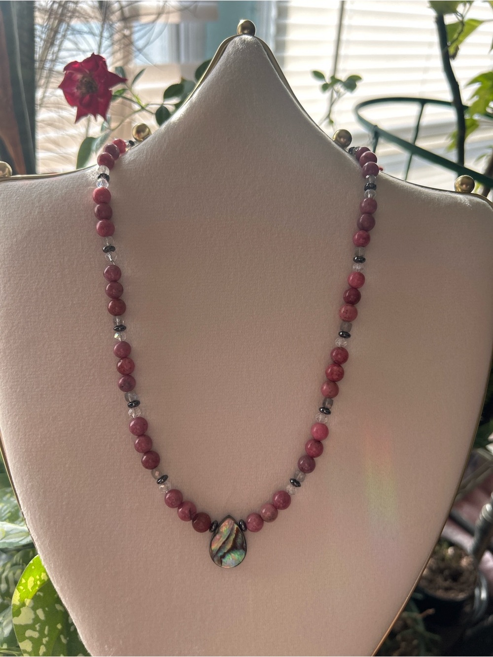 Handcrafted Rhodonite + Labradorite Beaded Necklace with Abalone Shell Pendant